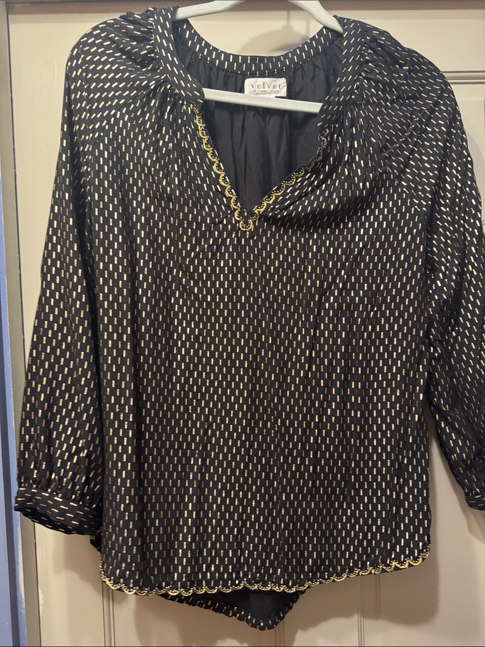 Velvet by Graham & Spencer Black Blouse with Gold Accent Trim